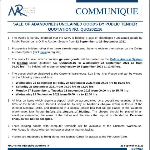 Document preview: Explore the Sale of Unclaimed Goods: Quotation QUO202116 — Government & admin (CommuniqueQUO202116)