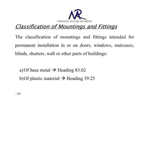 Document preview: Understanding Mountings & Fittings Classification in Construction — Government & admin (Mountings)