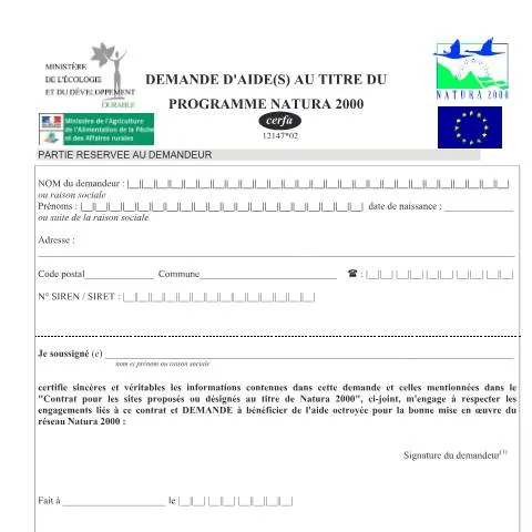 Aperçu du document Formulaire 12147*02 : Financement Natura 2000 pour la biodiversité — Démarches administratives (CERFA n°12147*02)