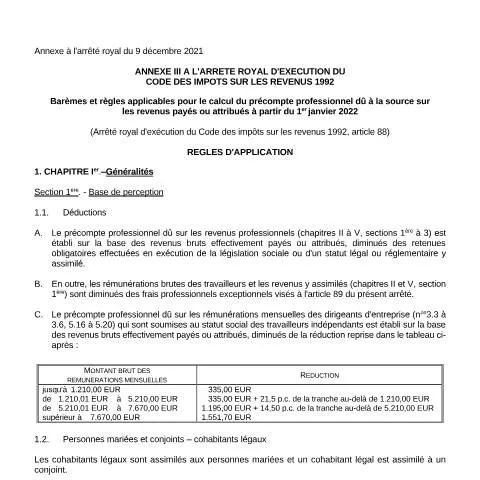 Aperçu du document Règles du précompte professionnel en Belgique depuis 2022 — Impôts & fiscalité (CERFA n°AnnexeIII_adaptations)