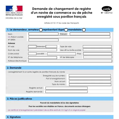 Aperçu du document Procédure de changement de registre pour navires français — Démarches administratives (CERFA n°15803*02)