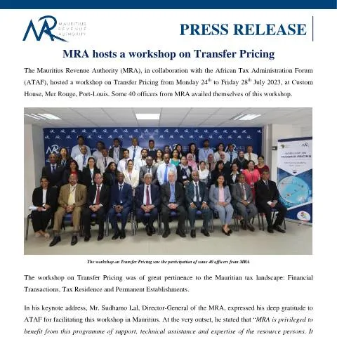 Document preview: Explore Transfer Pricing Insights at MRA Workshop — Taxes (CERFA n°PressReleaseTPricing240723)