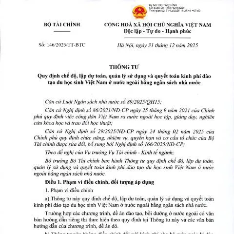 Document preview: Quy định mới về tài chính cho du học sinh Việt Nam — Thủ tục hành chính (CERFA n°146/2025/TT-BTC)