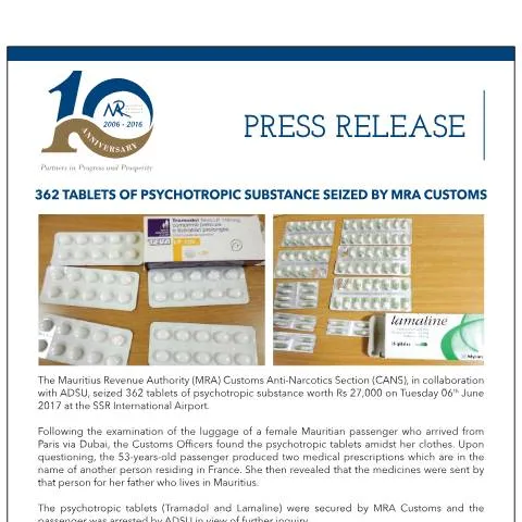 Document preview: MRA Customs Seizes 362 Tablets of Psychotropic Substances — Government & admin (PressRelease070617)