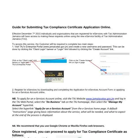 Document preview: Guide to Applying for a Tax Compliance Certificate Online in Jamaica — Government & admin (CERFA n°Guide+for+Submitting+TCC+Application+Online)