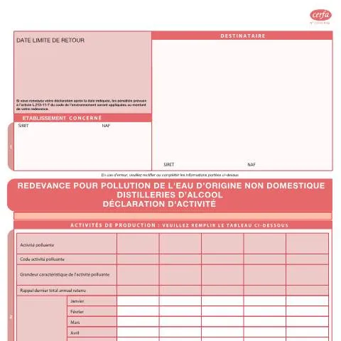Aperçu du document Obligations environnementales des distilleries d'alcool en France — Démarches administratives (CERFA n°13733*06)