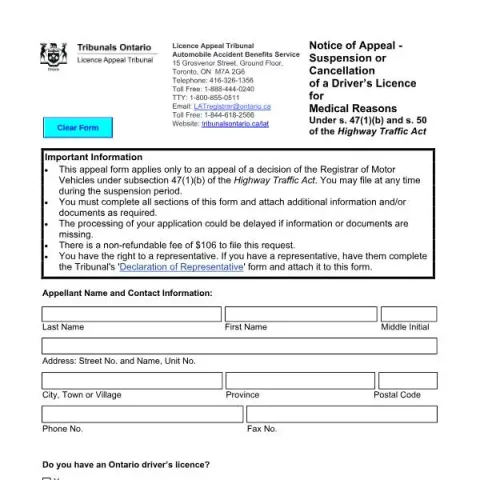 Document preview: Appealing a Medical-Related Driver’s Licence Suspension in Ontario (English / French) — Vehicle & driving (02025E)