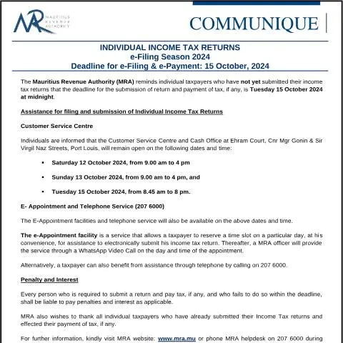 Document preview: Important Notice: Income Tax Filing Deadline in Mauritius — Taxes (Communique091024)