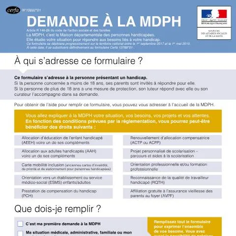 Aperçu du document Demande unifiée de prestations handicap : guide du formulaire 15692*01 — Aides & prestations sociales (CERFA n°15692*01)