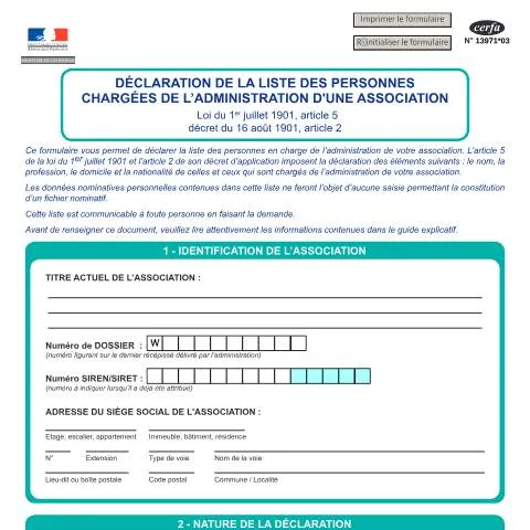 Aperçu du document Comment déclarer les dirigeants de votre association en France — Démarches administratives (CERFA n°13971*03)