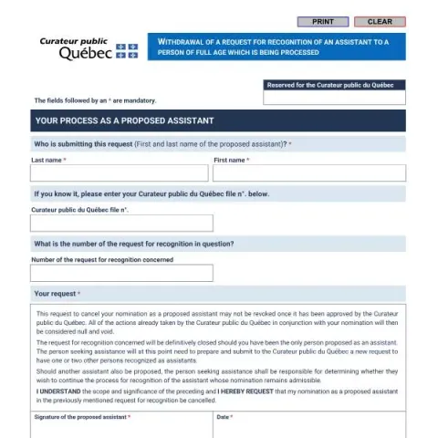 Document preview: How to Withdraw a Recognition Request for an Adult Assistant — Legal & justice (MAST-AASP-DRA (11-2021))