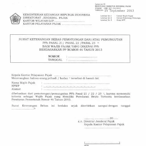 Document preview: Pentingnya Surat Keterangan Bebas Pemotongan Pajak untuk Wajib Pajak — Pajak & perpajakan (CERFA n°ID-DJP-SK-Bebas-Pemotongan-Pemungutan-PPh-WP-PP46)