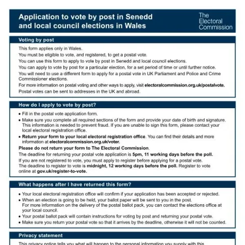 Document preview: How to Apply for Postal Voting in Wales — Government & admin (PO-W-D)