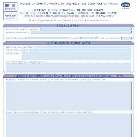Aperçu du document Procédure d'enquête du CSE pour les risques graves au travail — Démarches administratives (CERFA n°12766*01)