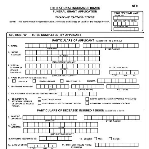 Document preview: Understanding the NI8 Form for Funeral Grants in Trinidad and Tobago — Government & admin (CERFA n°NI8)