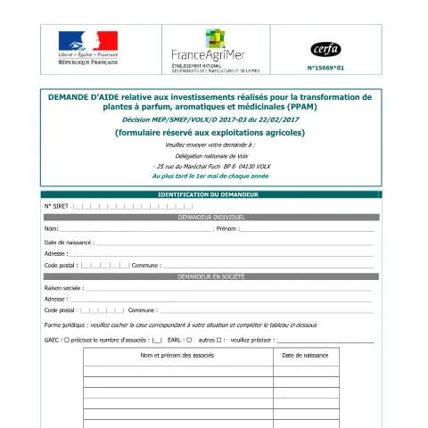 Aperçu du document Subvention transformation plantes aromatiques et médicinales — Démarches administratives (CERFA n°15669*01)