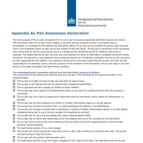 Documentvoorvertoning: Belang van de Appendix Au Pair Awareness Declaration in Nederland — Immigratie & visa (CERFA n°7650)