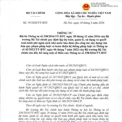 Document preview: Thông tư số 19/2026/TT-BTC: Thay đổi quan trọng trong quản lý ngân — Thủ tục hành chính (CERFA n°19/2026/TT-BTC)