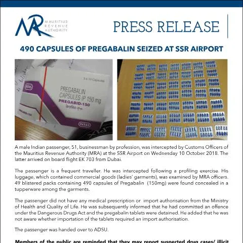 Document preview: Significant Pregabalin Seizure at SSR Airport Highlights Import — Government & admin (CERFA n°PressRelease111018)