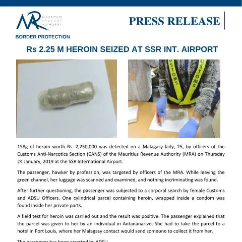 Document preview: Heroin Seized at SSR International Airport in January 2019 — Government & admin (DrugSeizure250119)