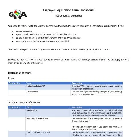 Document preview: Guide to Registering as an Individual with Guyana Revenue Authority