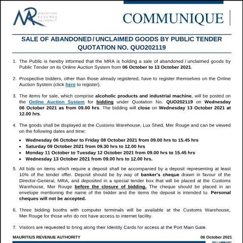 Document preview: Understanding Public Tender Sales of Abandoned Goods — Government & admin (CommuniqueQUO202119)