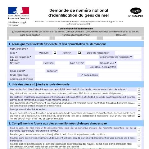 Aperçu du document Formulaire officiel : numéro national d'identification maritime — Démarches administratives (CERFA n°15463*02)