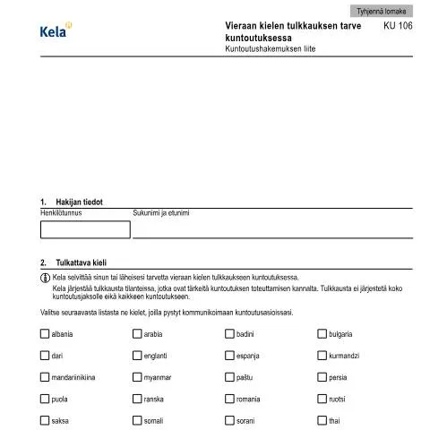 Document preview: Kuntoutuksen tulkkauksen tarpeet ja KU 106 -lomake — Terveys (CERFA n°Kela KU 106)