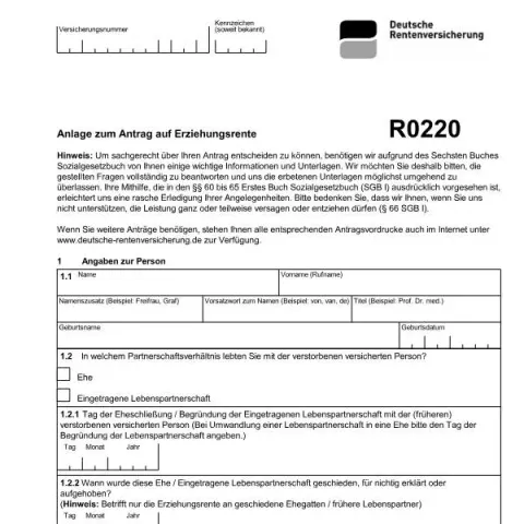Dokumentvorschau: Verstehen des Formulars R0220 für die Erziehungsrente — Rente & Pension (R0220)