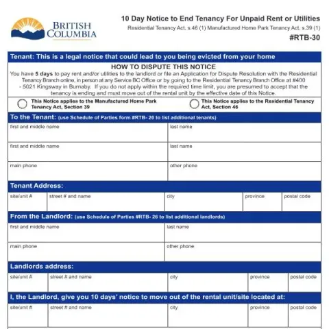 Document preview: Understanding the 10-Day Notice to End Tenancy for Unpaid Rent — Housing (RTB-30)
