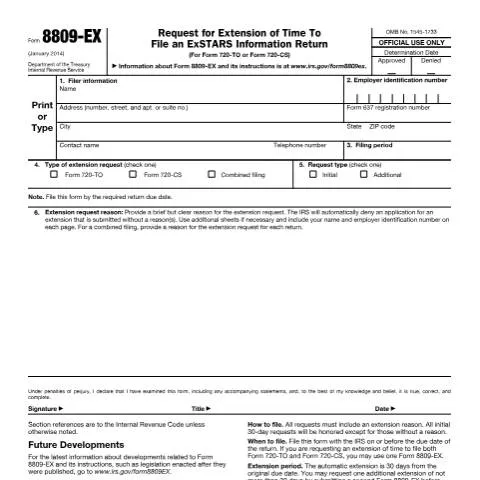 Document preview: Understanding IRS Form 8809-EX for Tax Extensions — Taxes (CERFA n°8809EX)