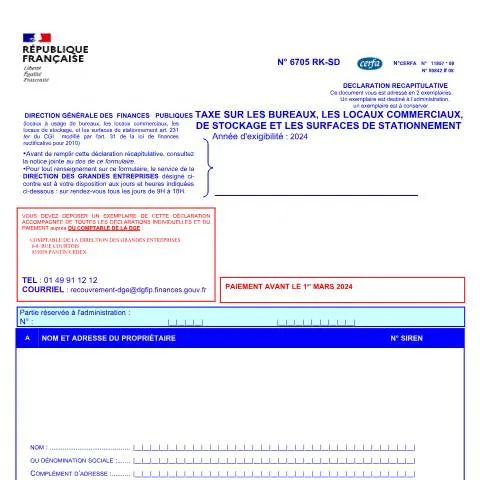Aperçu du document Déclaration récapitulative 6705-RK : taxe annuelle surfaces — Impôts & fiscalité (CERFA n°11857*08)