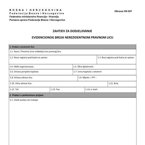 Document preview: Postupak Dodjeljivanja Evidencionog Broja Nerezidentnim Pravnim — Porezi i fiskalnost (CERFA n°EB-507)