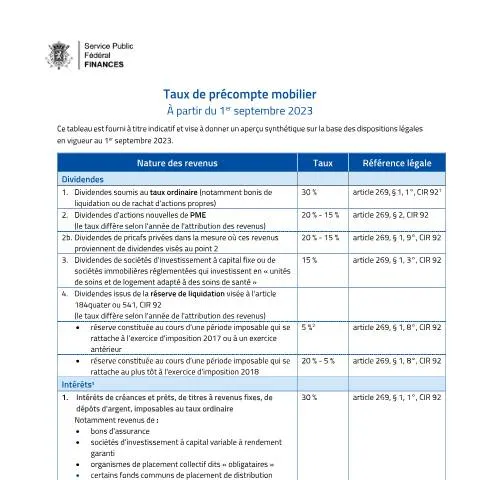Aperçu du document Mise à jour des taux de précompte mobilier en Belgique — Impôts & fiscalité (CERFA n°167-taux-precompte-mobilier-20230901)