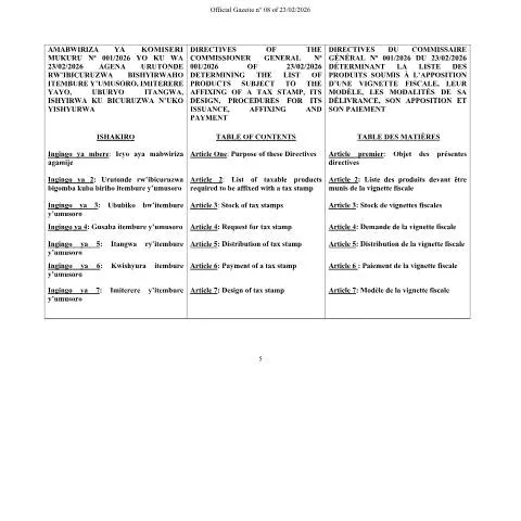Document preview: Rwanda Official Gazette February 2026: Tax Stamps Directive Overview — Taxes (CERFA n°CG_DIRECTIVES_ON_TAX_STAMPS_published_in_Official_Gazette-February_2026)