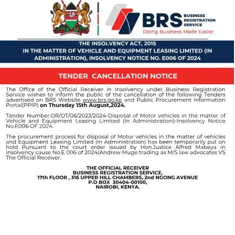 Document preview: Understanding the Tender Cancellation Notice in Kenya — Government & admin (CERFA n°Tender-Cancellation-Notice_OR)