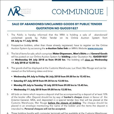 Document preview: Guide to Bidding on Abandoned/Unclaimed Goods in Mauritius — Government & admin (CERFA n°CommuniqueQ27of2018)
