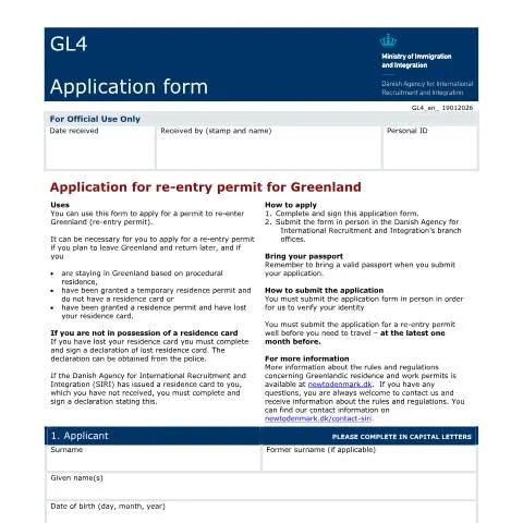 Document preview: Forstå GL4: Din vej til genindrejse i Grønland — Immigration & visa (CERFA n°GL4)