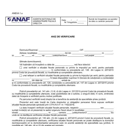 Document preview: Importanța Avizului de verificare OPANAF 2117/2018 — Impozite & fiscalitate (CERFA n°A1_OPANAF_2117_2018)