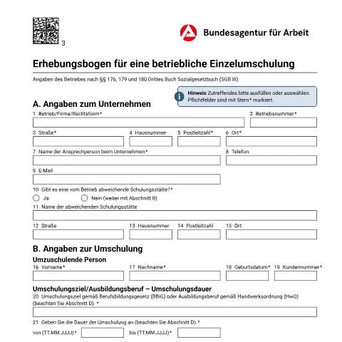 Dokumentvorschau: Wichtige Informationen zum fbw-Erhebungsbogen für Einzelumschulungen — Behörden & Verwaltung (CERFA n°fbw-erhebungsbogen-betriebl-einzelumschulung-sgbiii_ba042049)