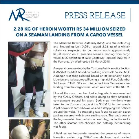 Document preview: Significant Heroin Seizure Highlights Community Vigilance — Government & admin (PressRelease290318)