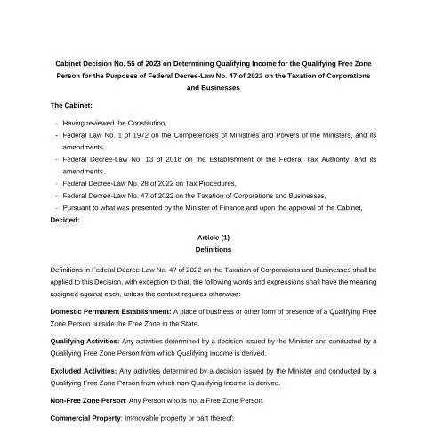 Document preview: Understanding UAE Cabinet Decision 55 of 2023 on Free Zone Income — Taxes (CERFA n°Cabinet Decision No (55) of 2023)