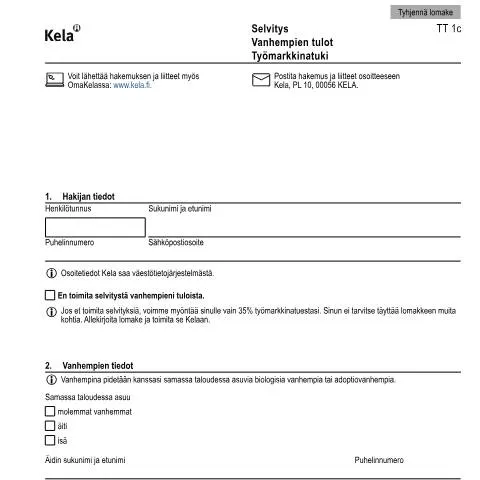 Document preview: Selvitys - Vanhempien tulot ja työmarkkinatuki — Työ & työllisyys (CERFA n°Kela TT 1c)