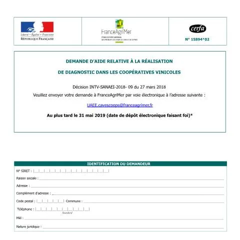 Aperçu du document Aide au diagnostic technique pour les coopératives vinicoles — Démarches administratives (CERFA n°15894*02)