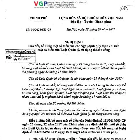 Document preview: Nghị định 50/2025/NĐ-CP: Đổi mới trong quản lý tài sản công — Ngân hàng & tài chính (CERFA n°50/2025/NĐ-CP)