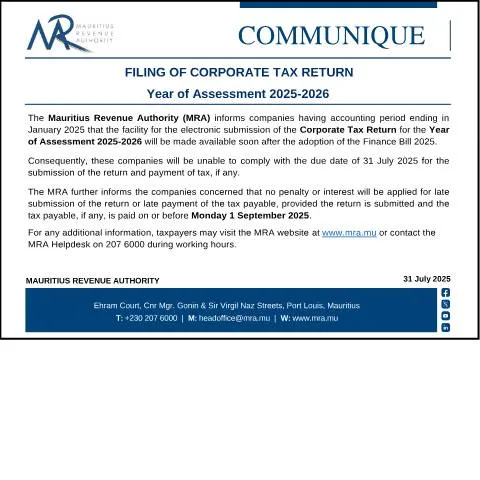 Document preview: Guide to Corporate Tax Return Filing for 2025-2026 in Mauritius — Taxes (CERFA n°Communique310725)