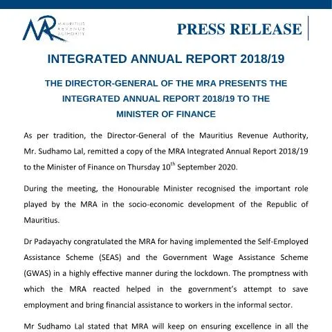 Document preview: Understanding the Importance of the MRA's 2018/19 Report — Government & admin (PressRelease170920)