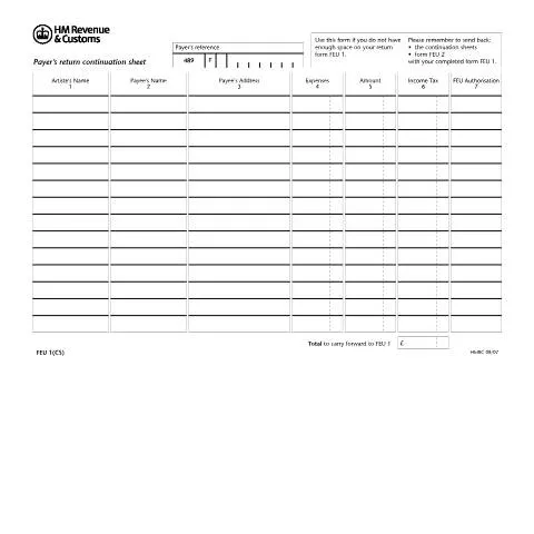 Document preview: Foreign Entertainers Tax Return Continuation Sheet (FEU 1 CS) — Taxes