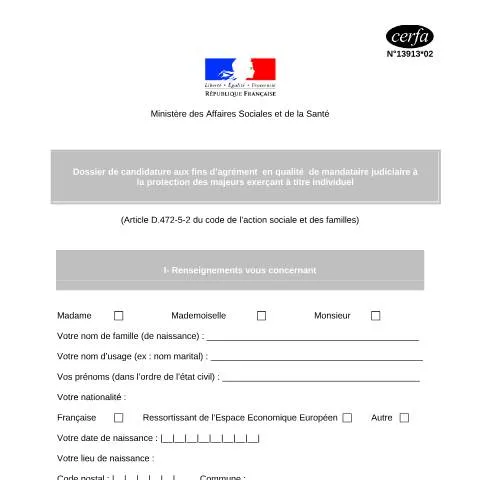Aperçu du document Agrément pour exercer comme mandataire judiciaire des majeurs — Juridique & justice (CERFA n°13913*02)
