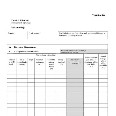 Document preview: Tabeli lisa 6.1 lisaleht: Maksukohustuste täitmine — Maksud ja maksustamine (CERFA n°VORM A TABEL 6.1 LISALEHT)